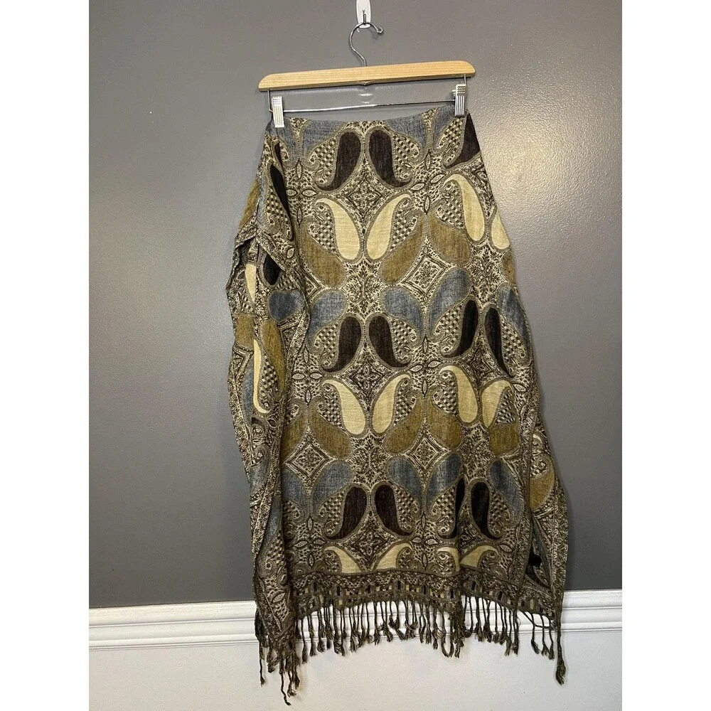 Pashmina Scarf Womens Gold Gray Paisley Cashmere Silk Wrap Shawl Made Italy